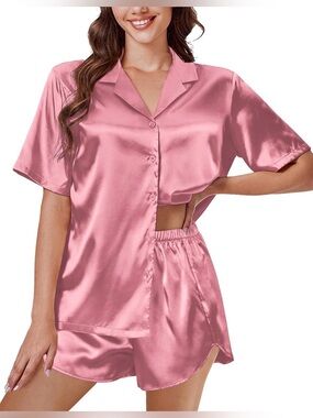 Satin Short-Sleeve Button-Up Pajama Set in Pink